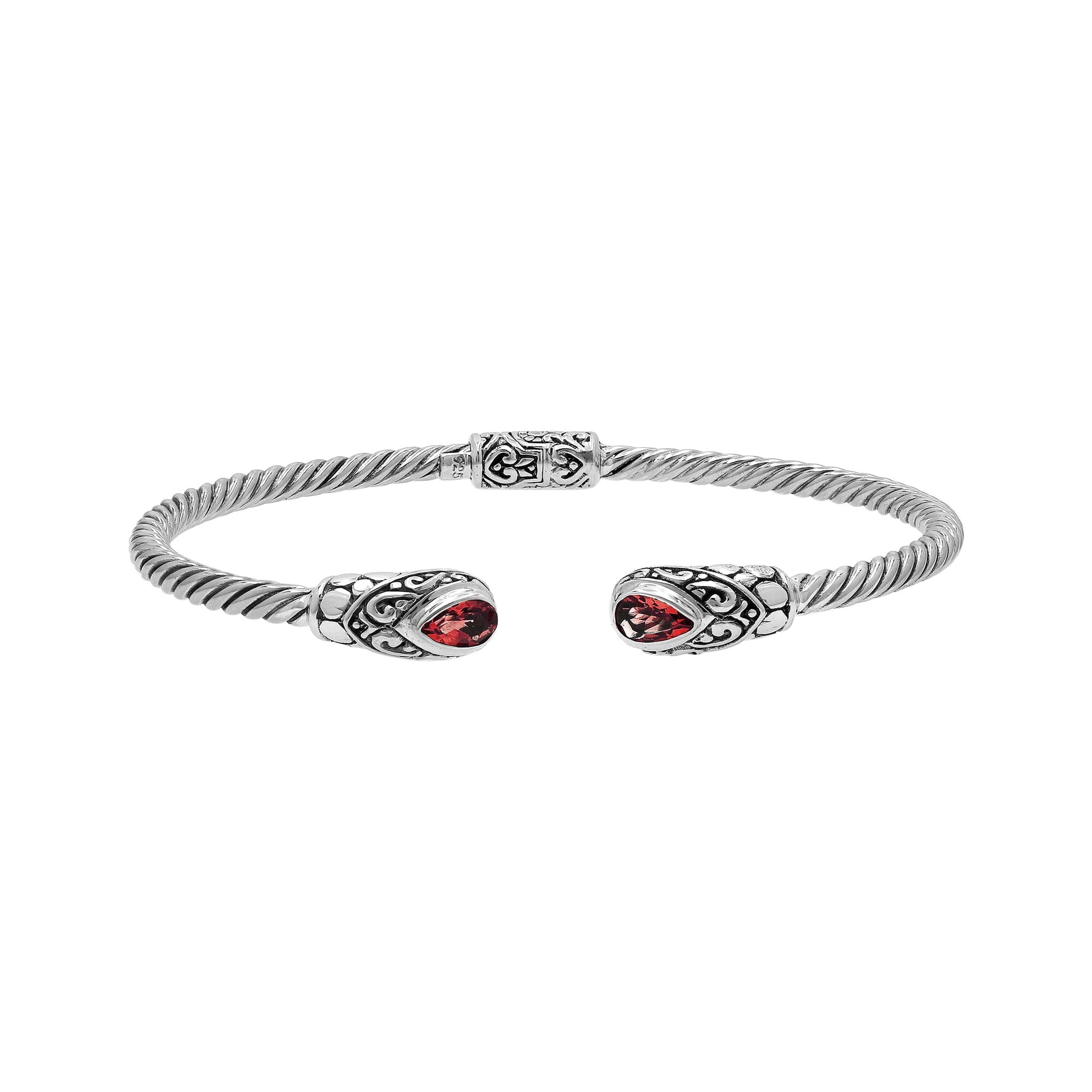 Silver twisted cable bangle in 925 sterling silver with pear-shaped Garnet Quartz and Balinese scroll engraving.