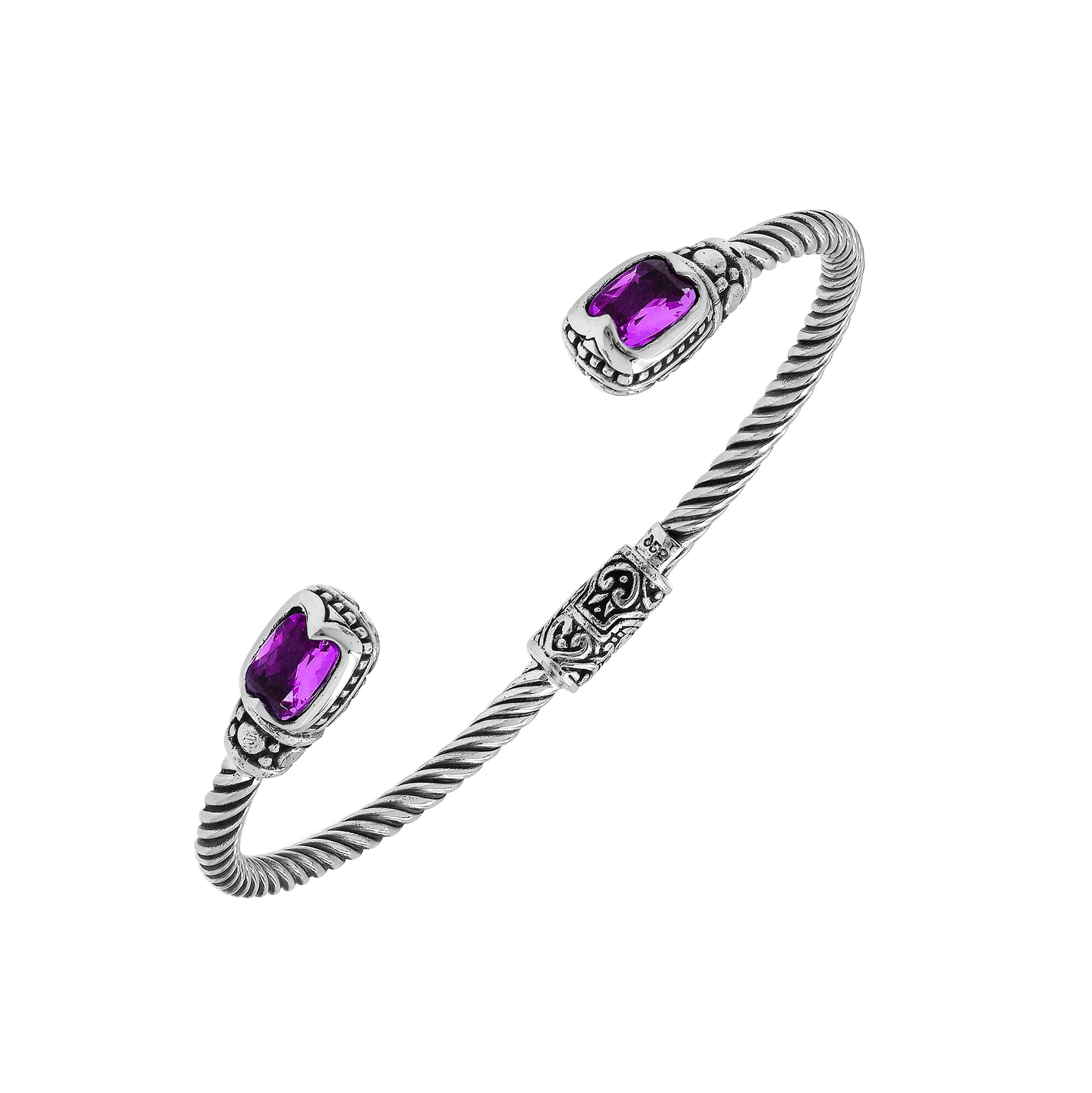 Silver twisted cable bangle in 925 sterling silver with Amethyst Quartz ends and Balinese engraving.