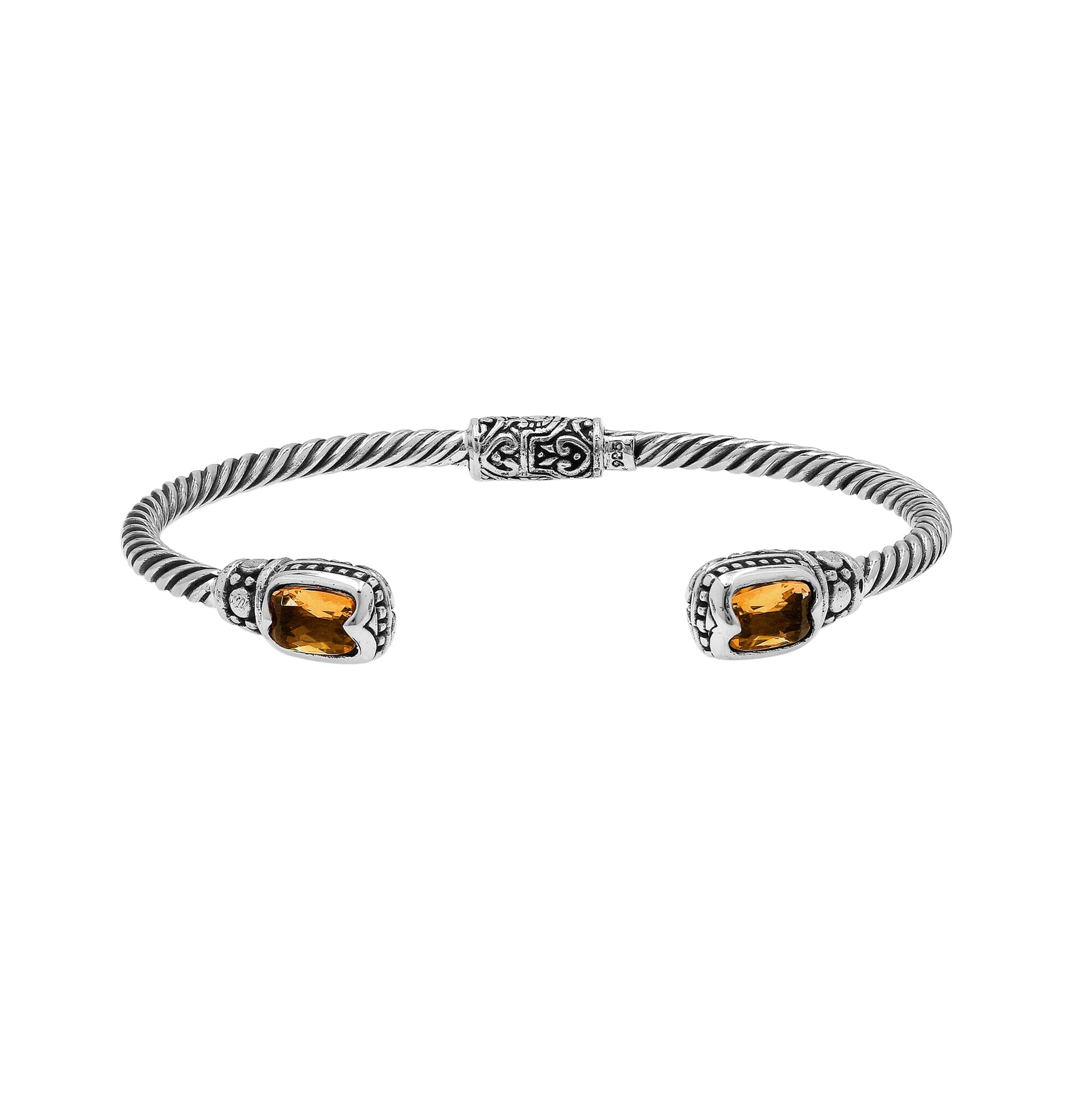 Silver twisted cable bangle in 925 sterling silver with Citrine Quartz and Balinese engraving.