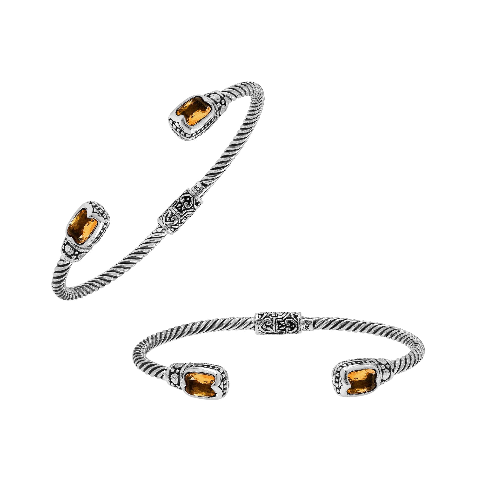 Silver twisted cable bangle in 925 sterling silver with Citrine Quartz and Balinese engraving.