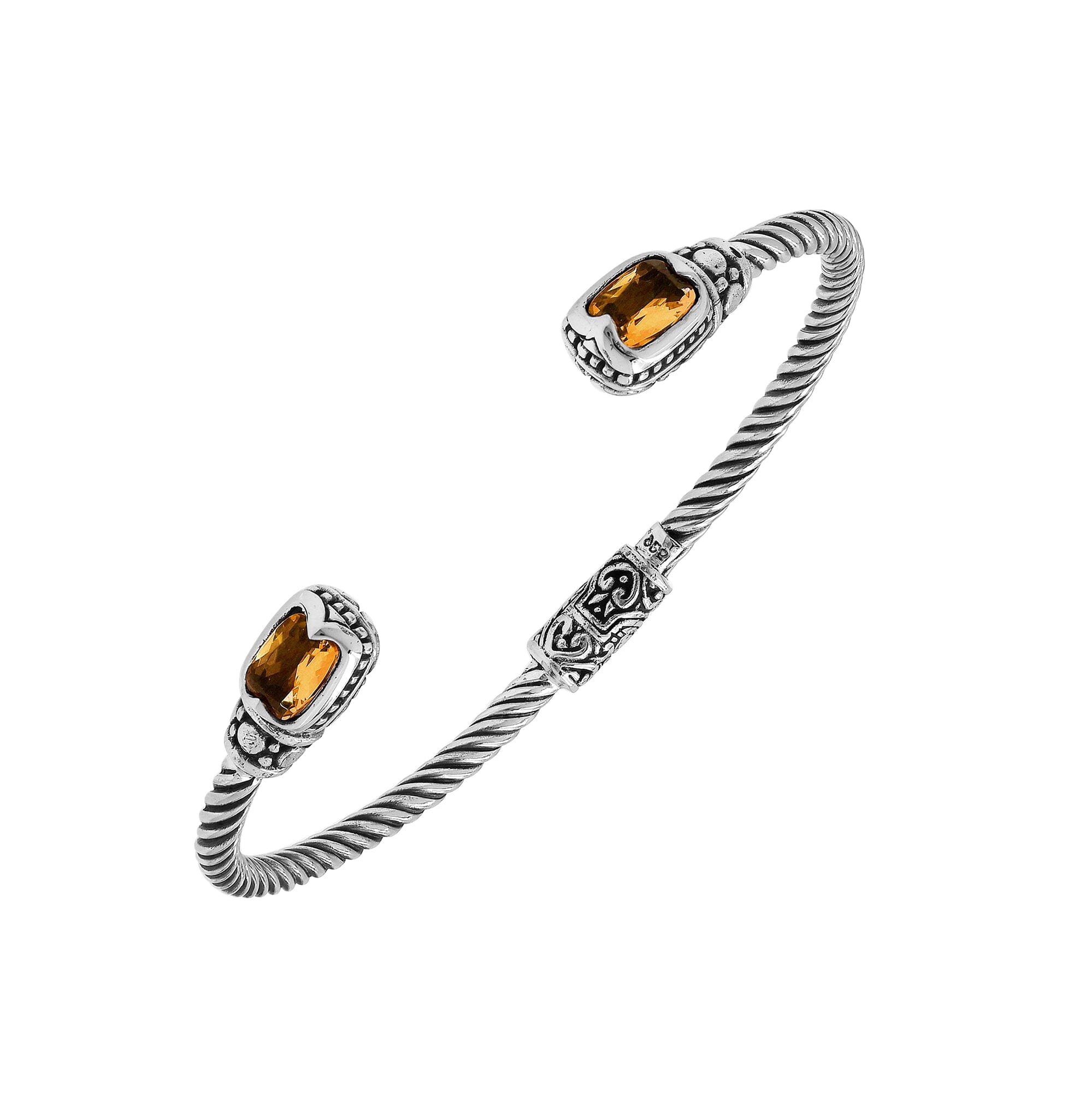 Silver twisted cable bangle in 925 sterling silver with Citrine Quartz and Balinese engraving.
