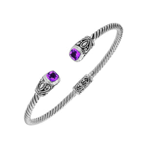 Silver twisted cable bangle in 925 sterling silver with Amethyst Quartz ends and Balinese engraving.