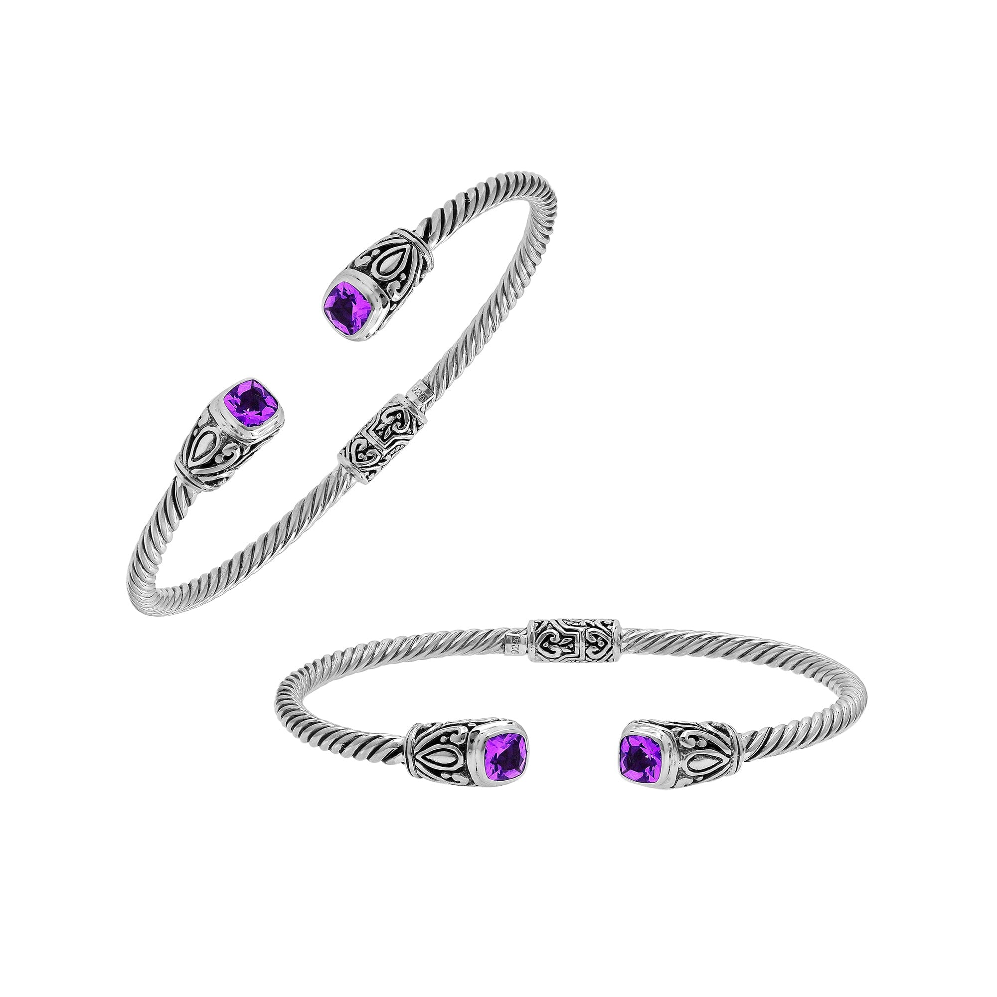 Silver twisted cable bangle in 925 sterling silver with Amethyst Quartz ends and Balinese engraving.