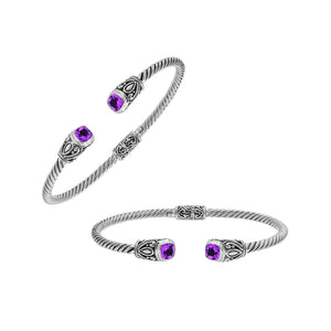 Silver twisted cable bangle in 925 sterling silver with Amethyst Quartz ends and Balinese engraving.