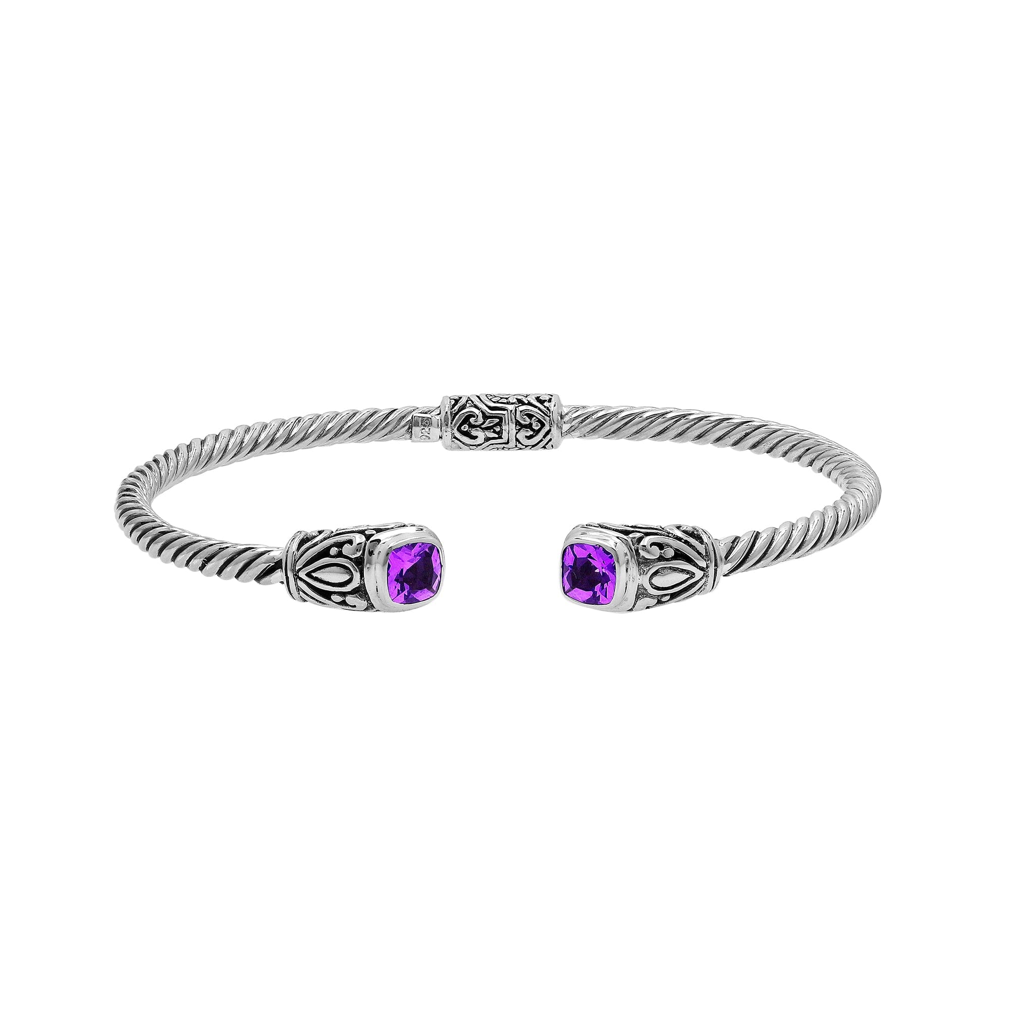 Silver twisted cable bangle in 925 sterling silver with Amethyst Quartz ends and Balinese engraving.