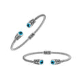 Silver twisted cable bangle in 925 sterling silver with Blue Topaz Quartz ends and Balinese engraving.