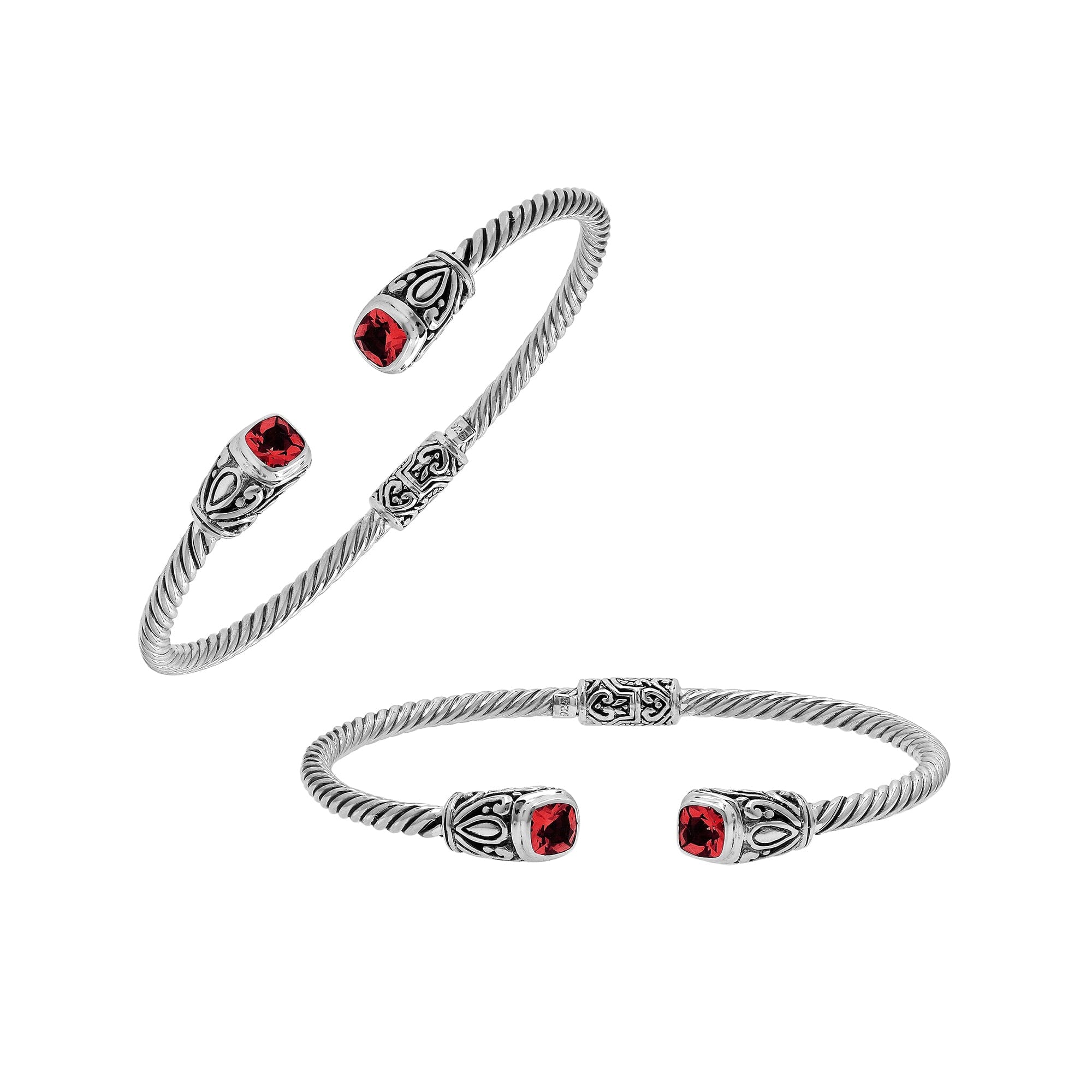 Silver twisted cable bangle in 925 sterling silver with Garnet Quartz ends and Balinese engraving.