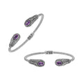 Silver twisted cable bangle in 925 sterling silver with Amethyst Quartz ends and Balinese engraving.