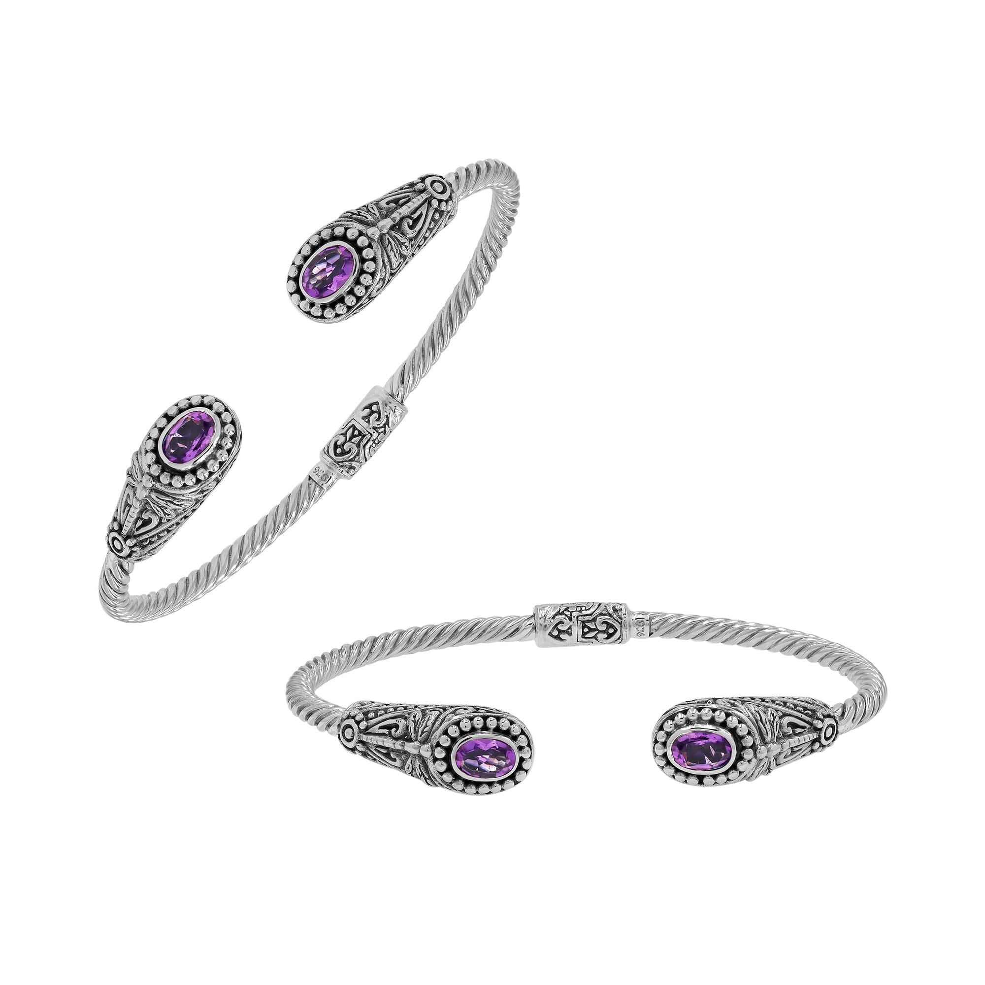 Silver twisted cable bangle in 925 sterling silver with Amethyst Quartz ends and Balinese engraving.