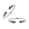 Silver twisted cable bangle in 925 sterling silver with Blue Topaz Quartz ends and Balinese engraving.