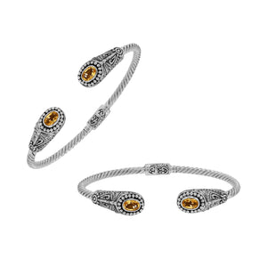 Silver twisted cable bangle in 925 sterling silver with Citrine Quartz ends and Balinese engraving.