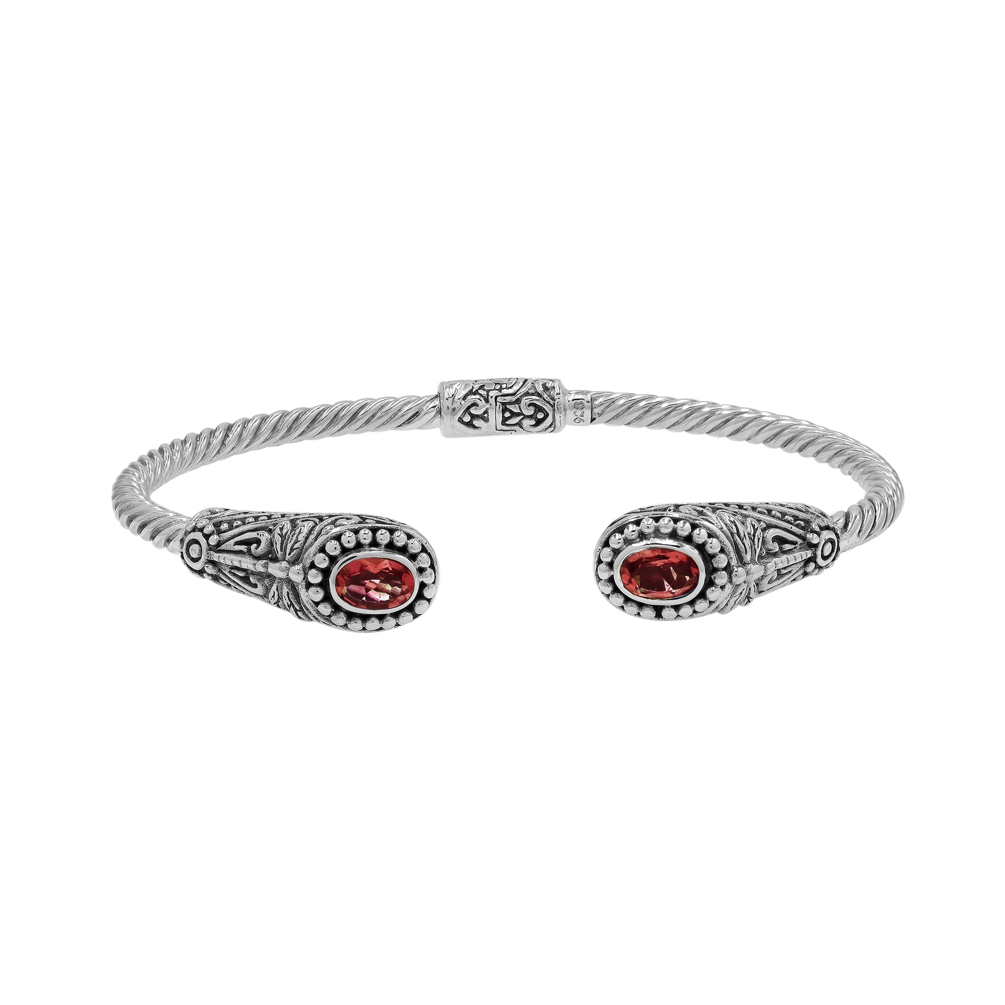Silver twisted cable bangle in 925 sterling silver with Garnet Quartz ends and Balinese engraving.