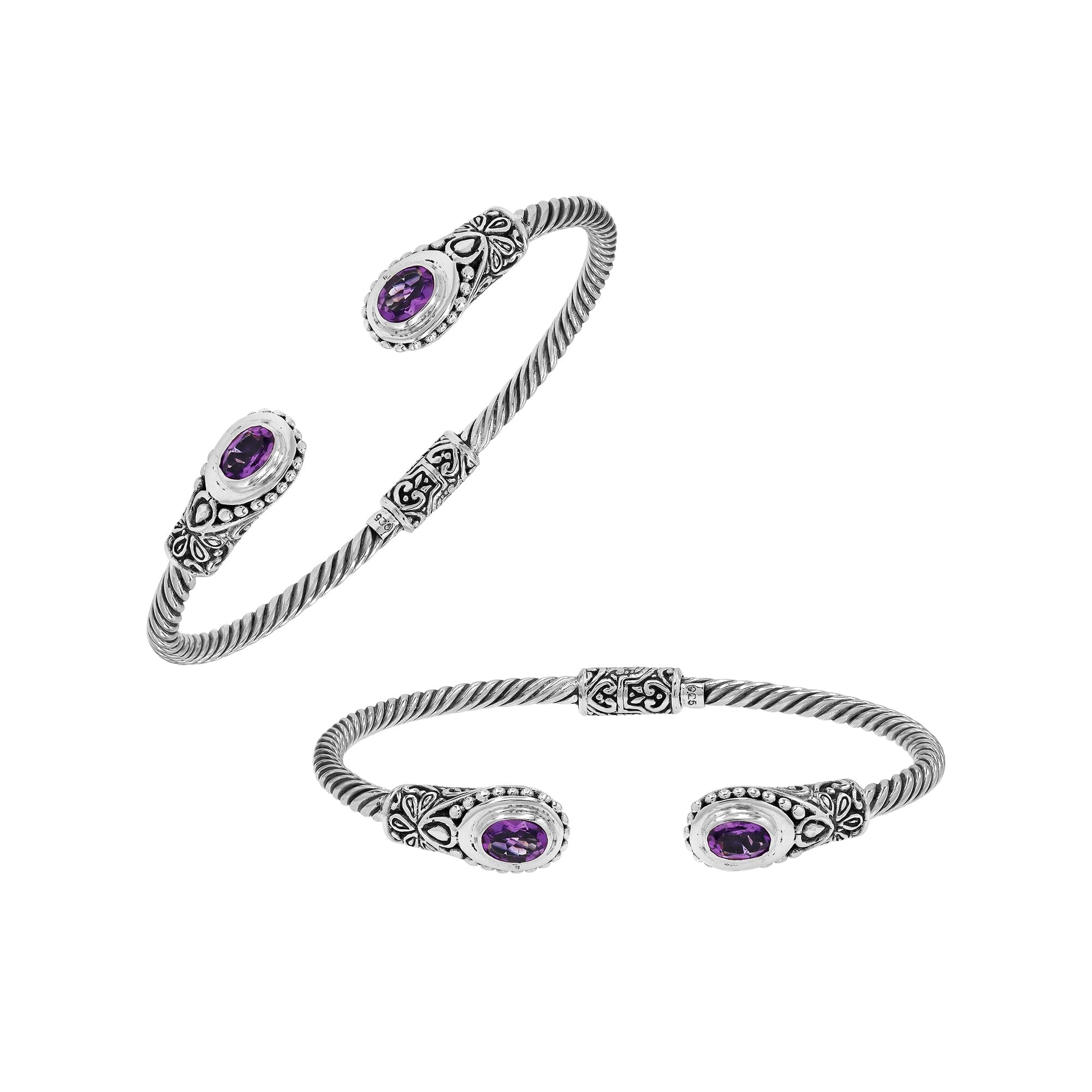 Silver twisted cable bangle in 925 sterling silver with Amethyst Quartz ends and Balinese engraving.