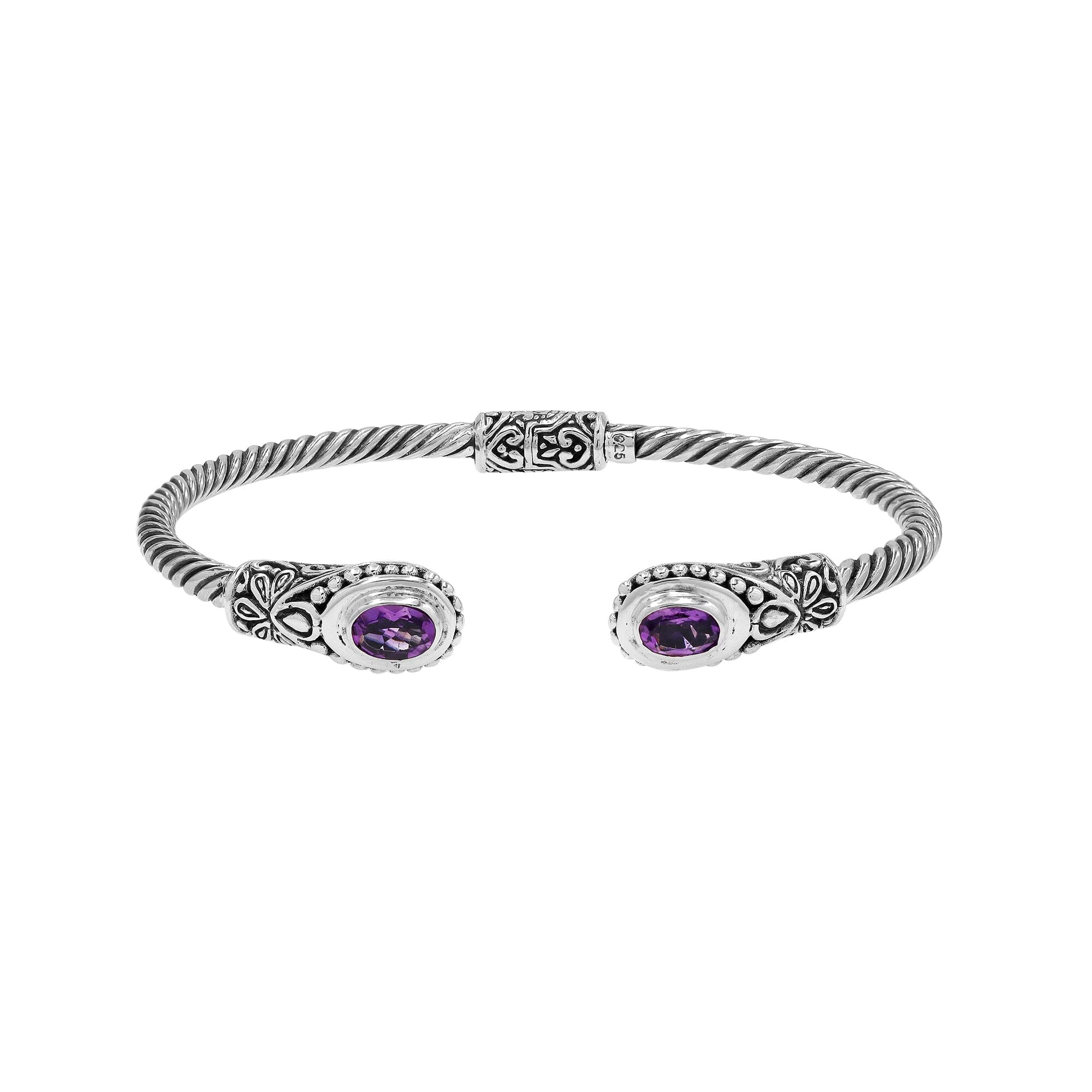 Silver twisted cable bangle in 925 sterling silver with Amethyst Quartz ends and Balinese engraving.