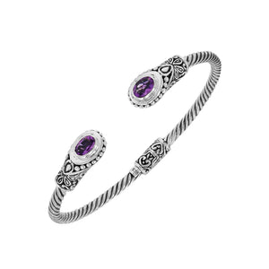 Silver twisted cable bangle in 925 sterling silver with Amethyst Quartz ends and Balinese engraving.