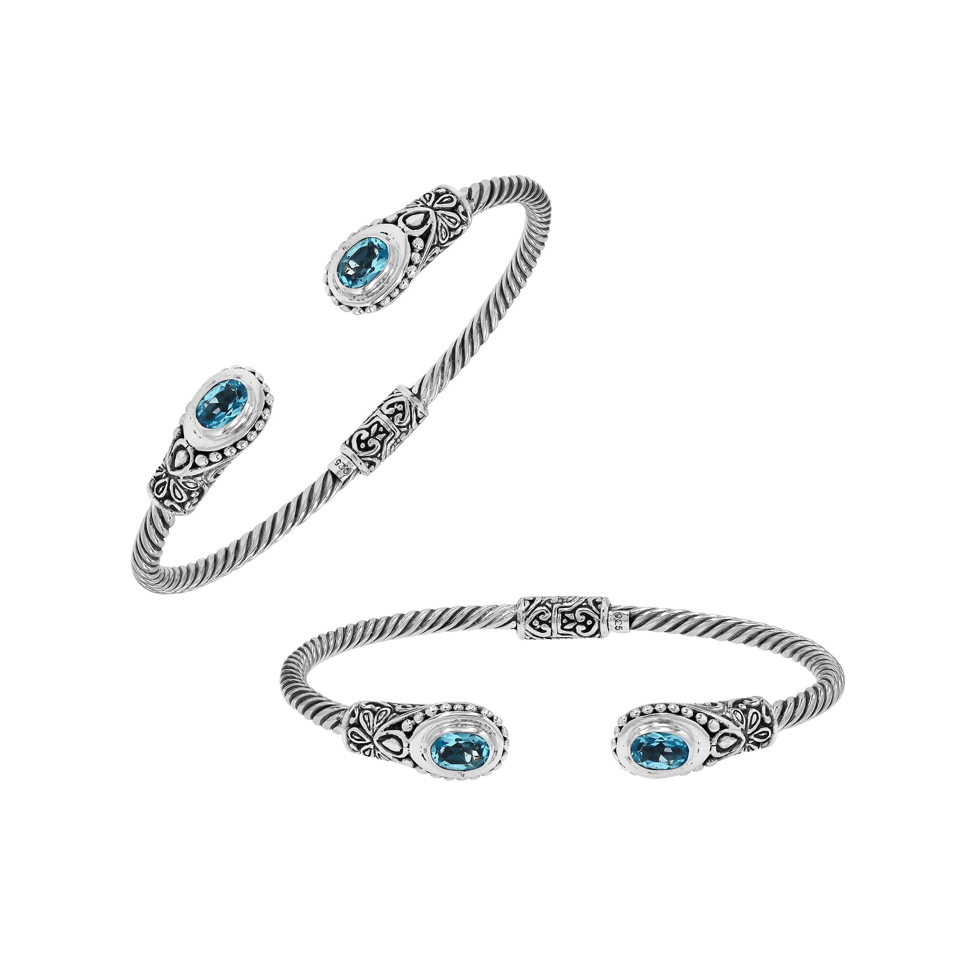 925 sterling silver cable bangle with Blue Topaz Quartz stones and hand-engraved Balinese detailing.