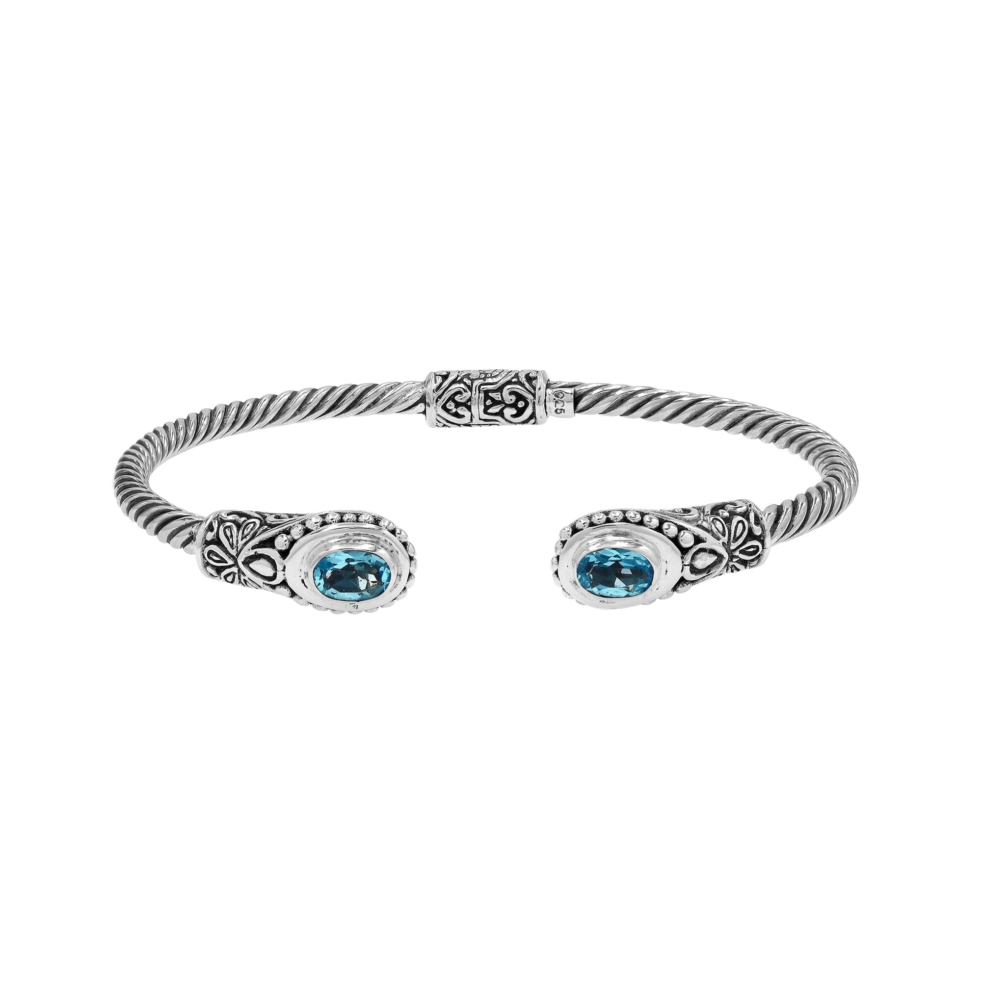 925 sterling silver cable bangle with Blue Topaz Quartz stones and hand-engraved Balinese detailing.