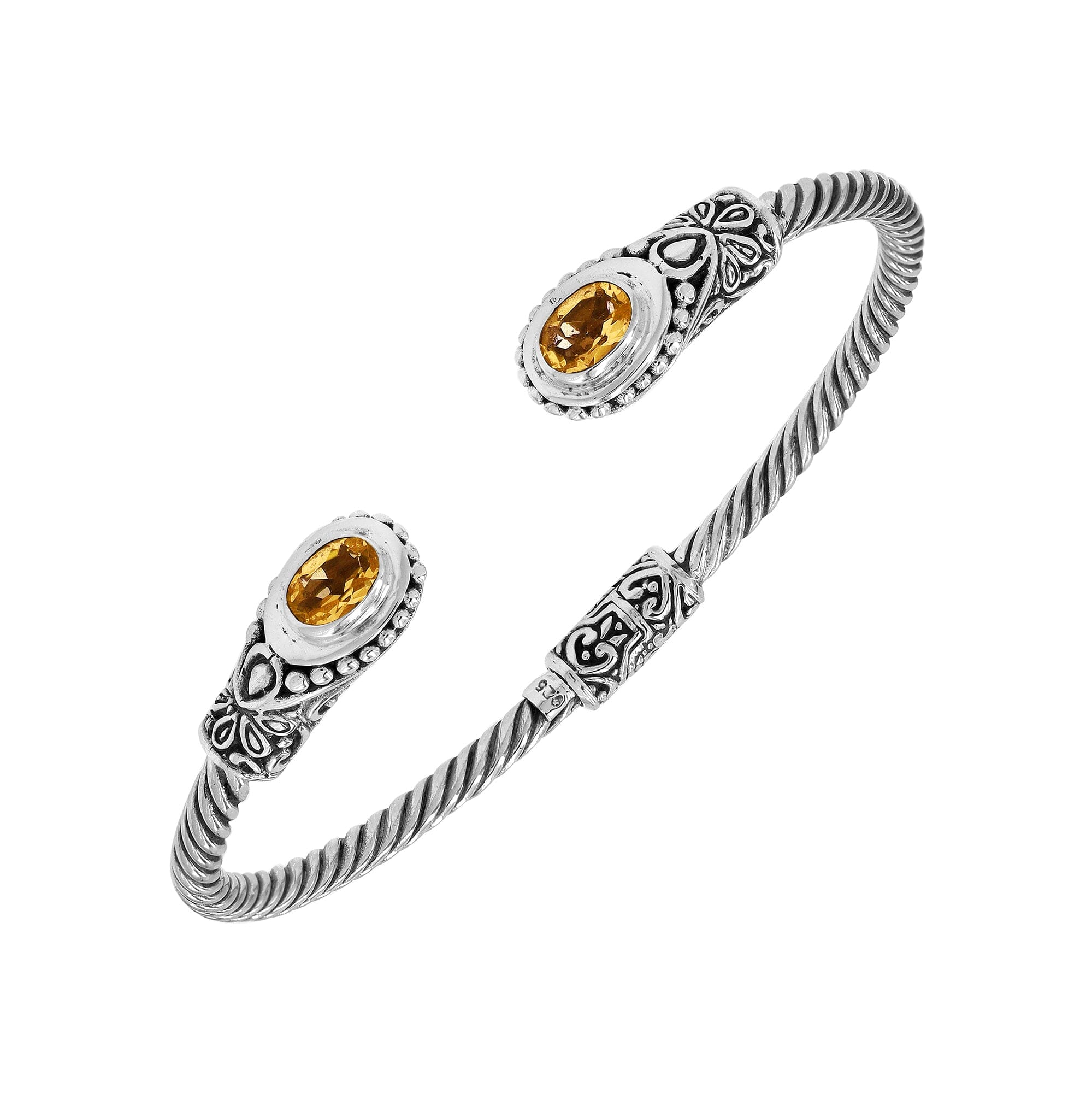925 sterling silver cable bangle with Citrine Quartz stones and Balinese bead engraving.