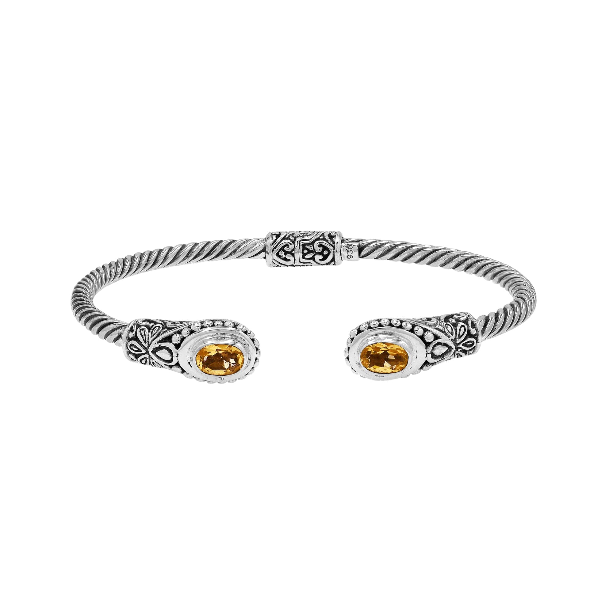 925 sterling silver cable bangle with Citrine Quartz stones and Balinese bead engraving.