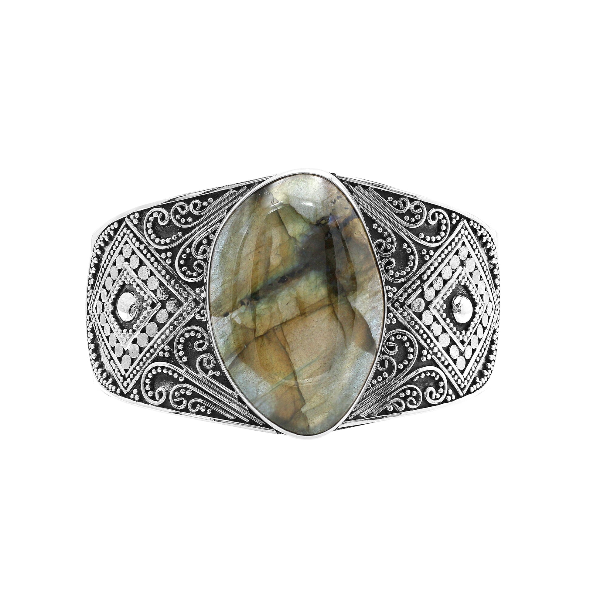 925 sterling silver wide Balinese bangle with Labradorite centerpiece and ornate scroll detailing.