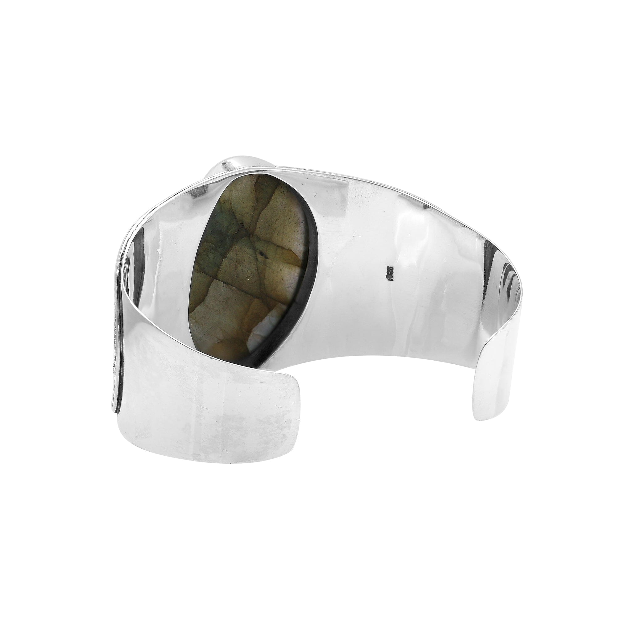 925 sterling silver wide Balinese bangle with Labradorite centerpiece and ornate scroll detailing.