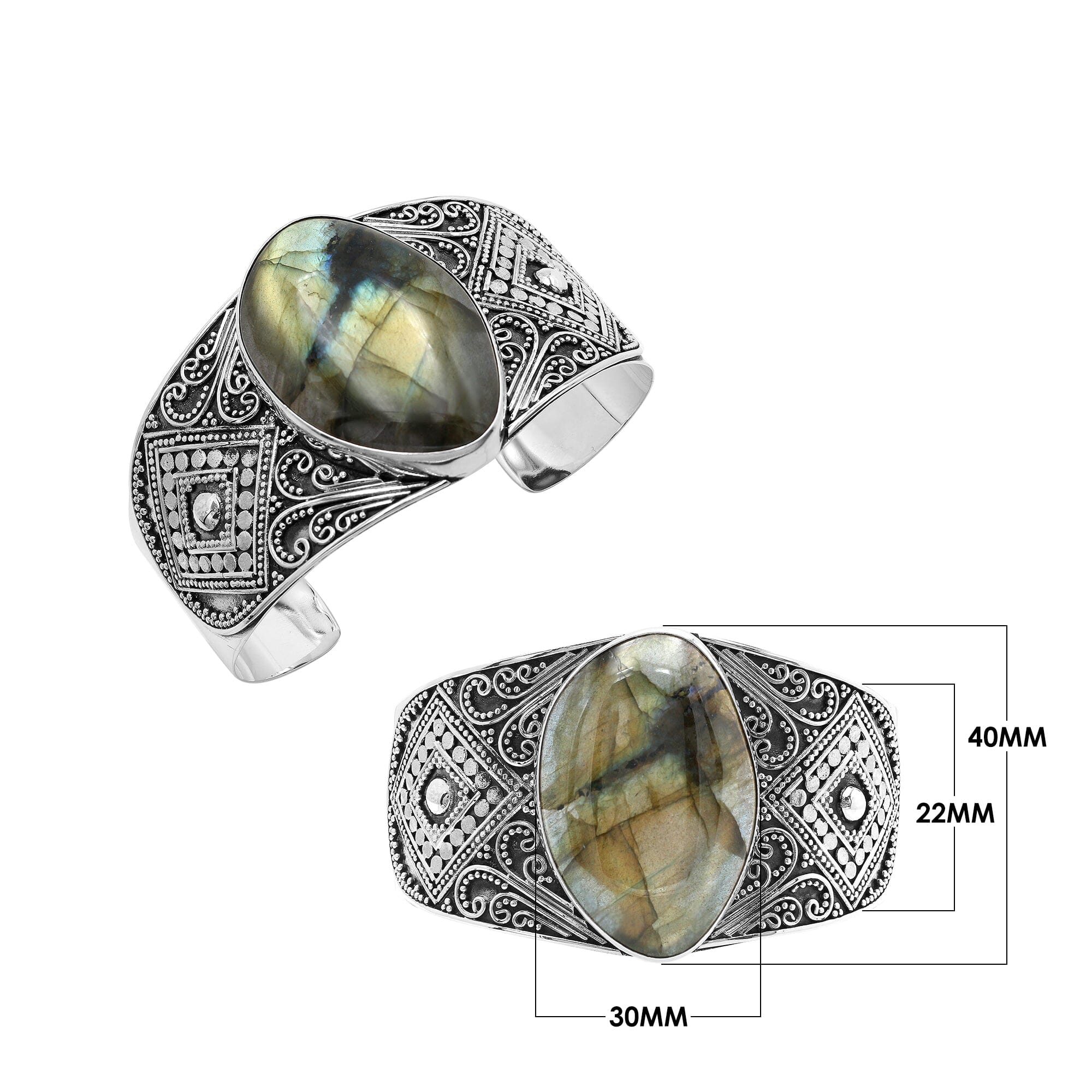 925 sterling silver wide Balinese bangle with Labradorite centerpiece and ornate scroll detailing.