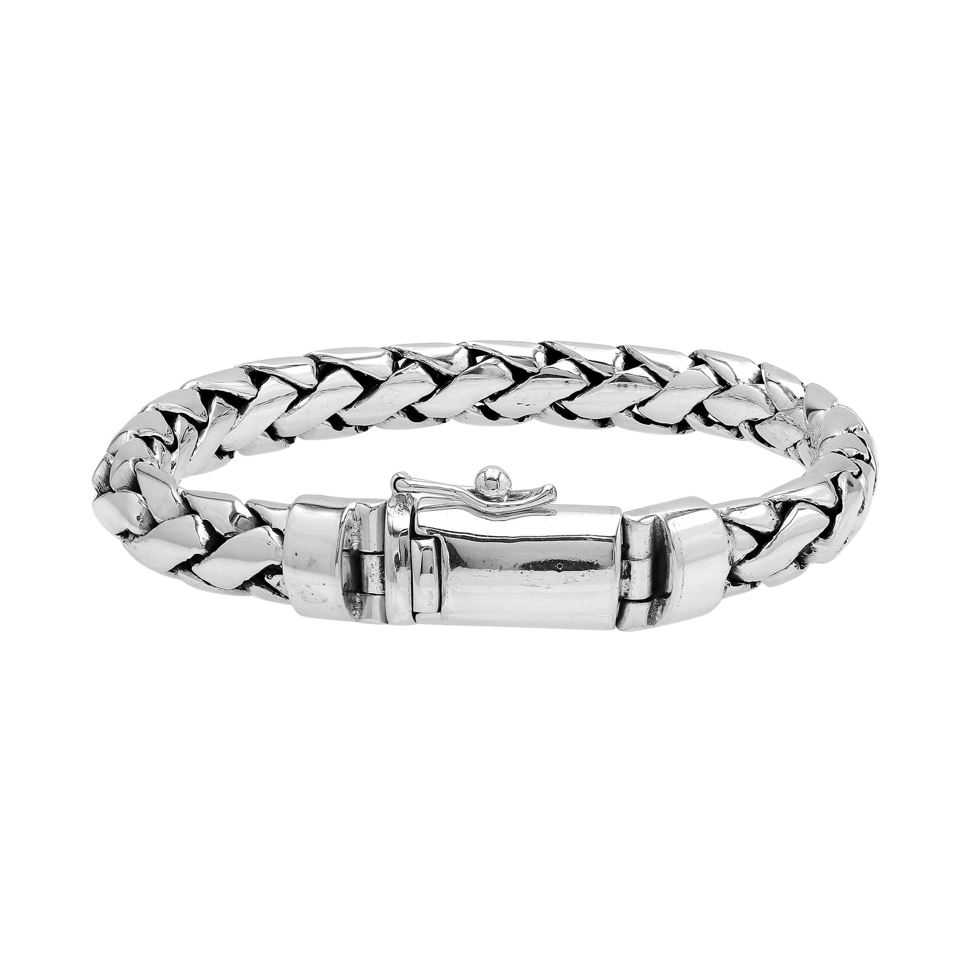 925 sterling silver heavy woven chain bracelet with polished push clasp.