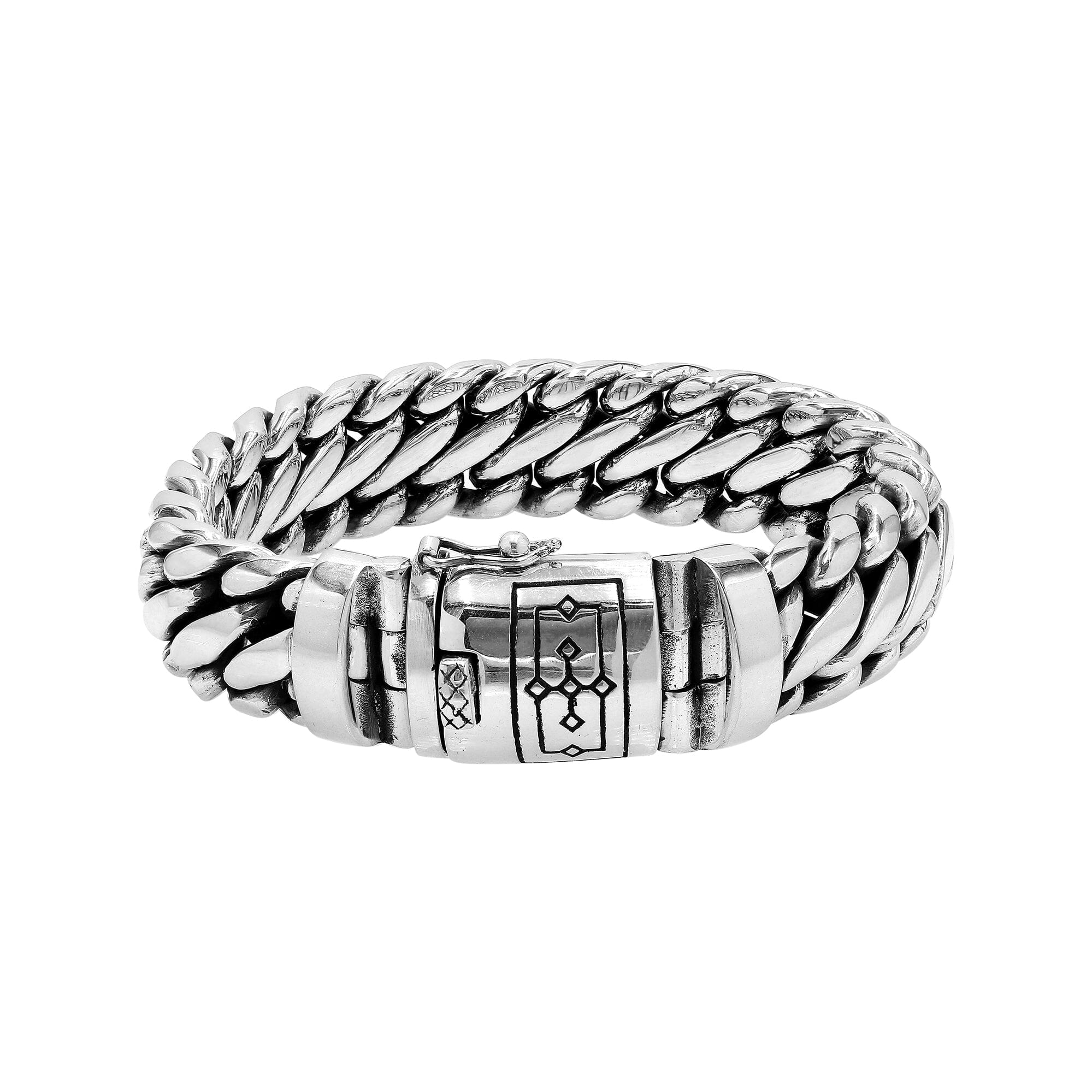 925 sterling silver heavy curb chain bracelet with engraved box clasp lock.