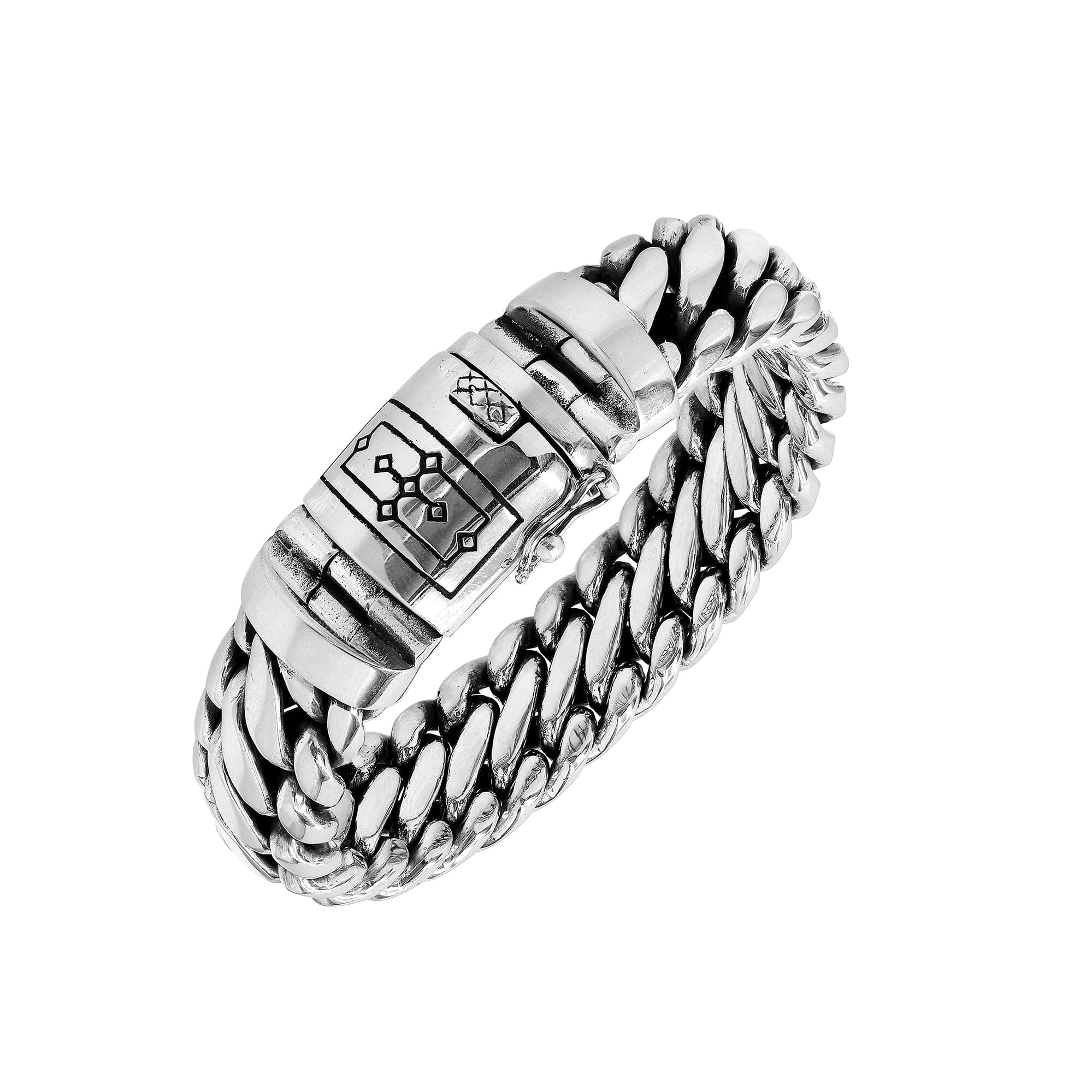 925 sterling silver heavy curb chain bracelet with engraved box clasp lock.