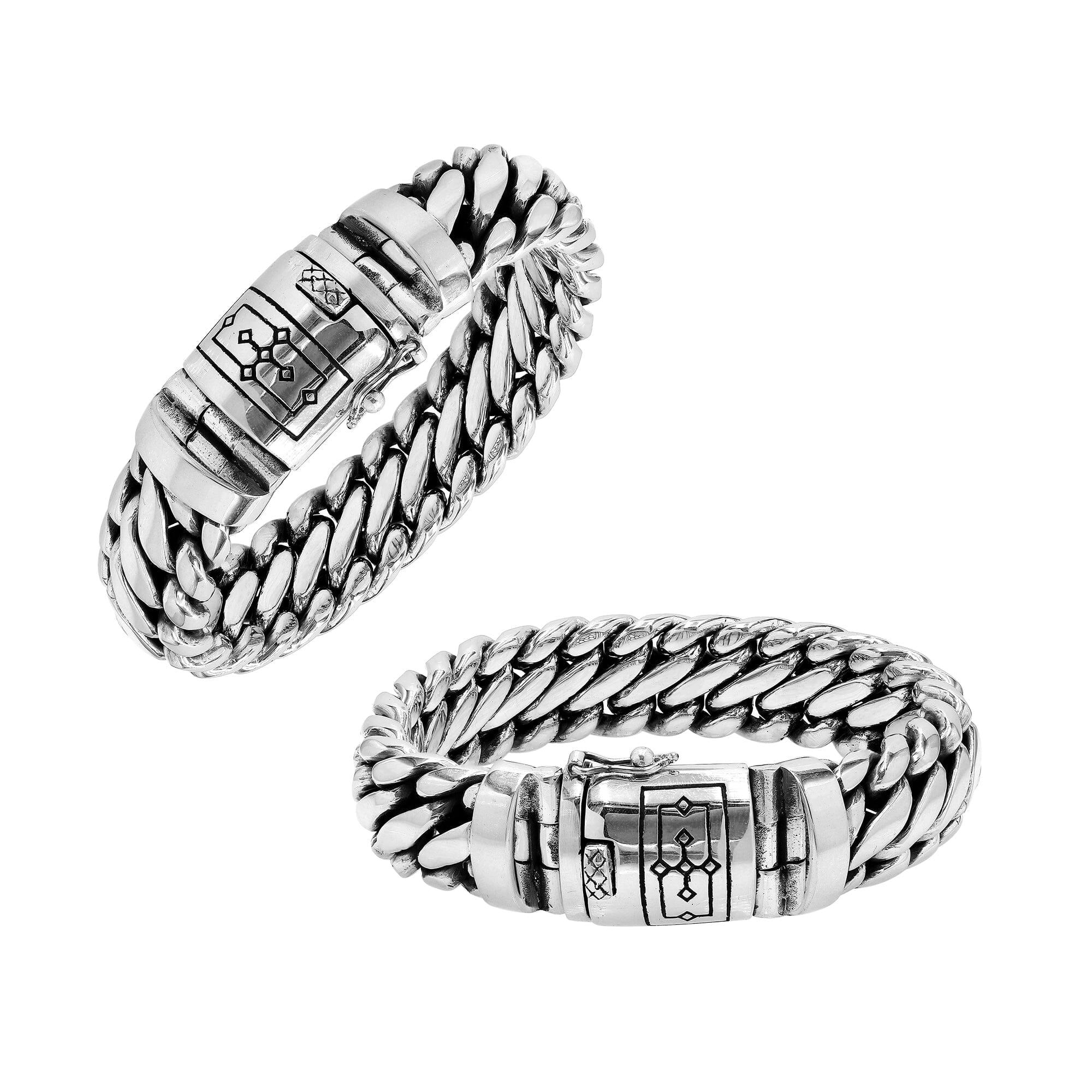 925 sterling silver heavy curb chain bracelet with engraved box clasp lock.