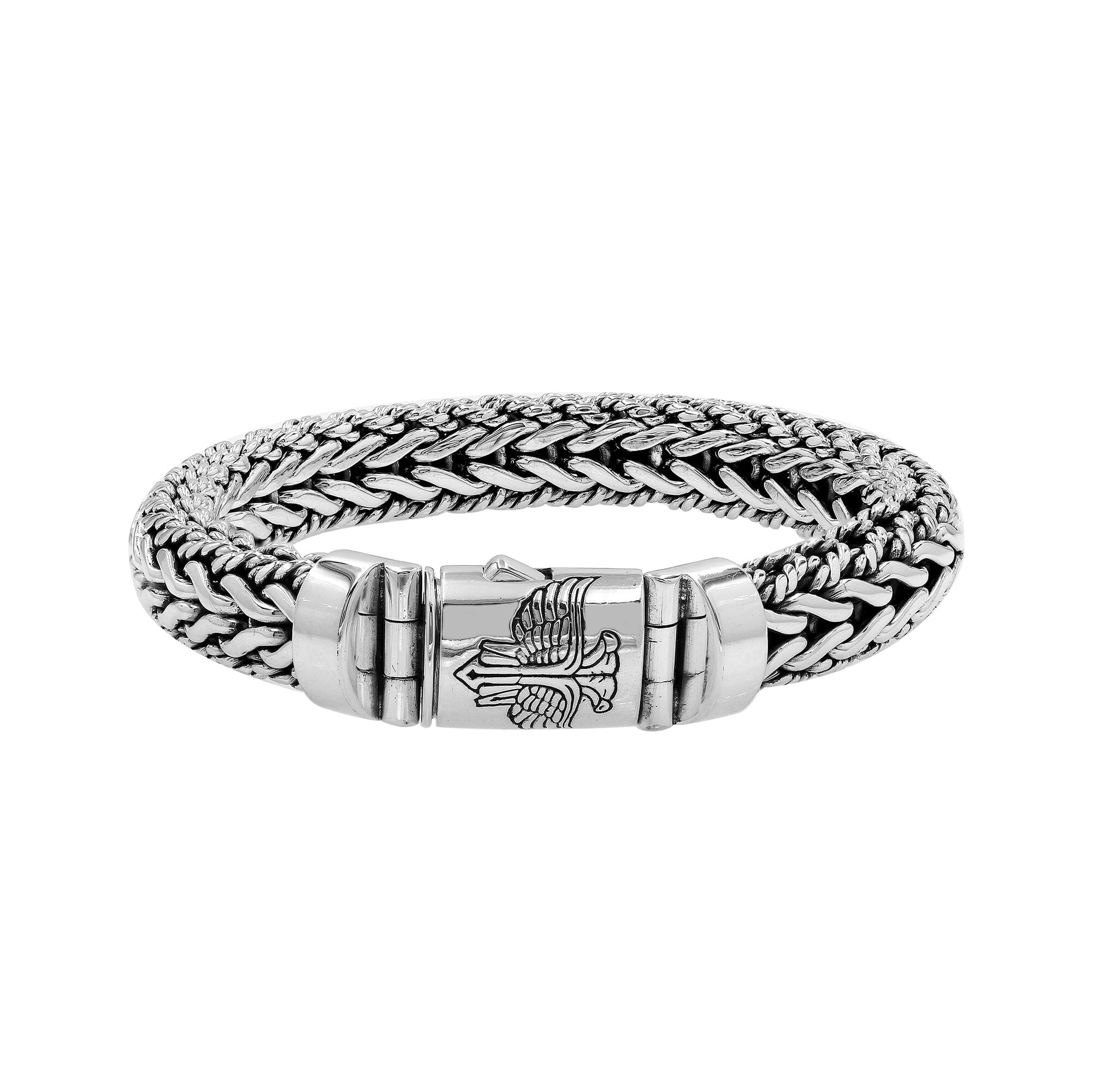 Silver Woven Chain Bracelet With Engraved Box Clasp In 925 Sterling Silver For Wholesale