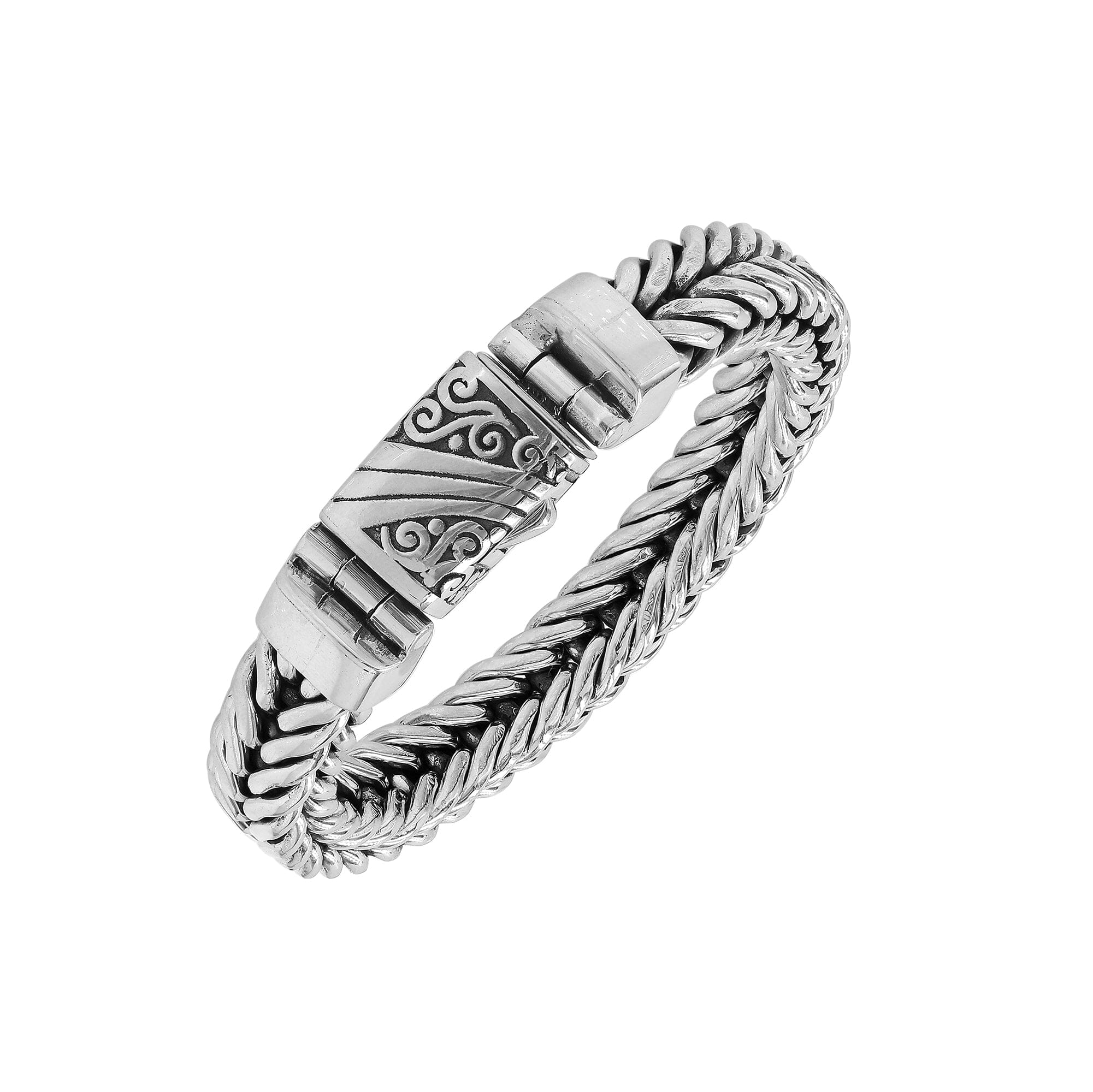Silver Woven Chain Bracelet With Engraved Push Clasp In 925 Sterling Silver For Wholesale