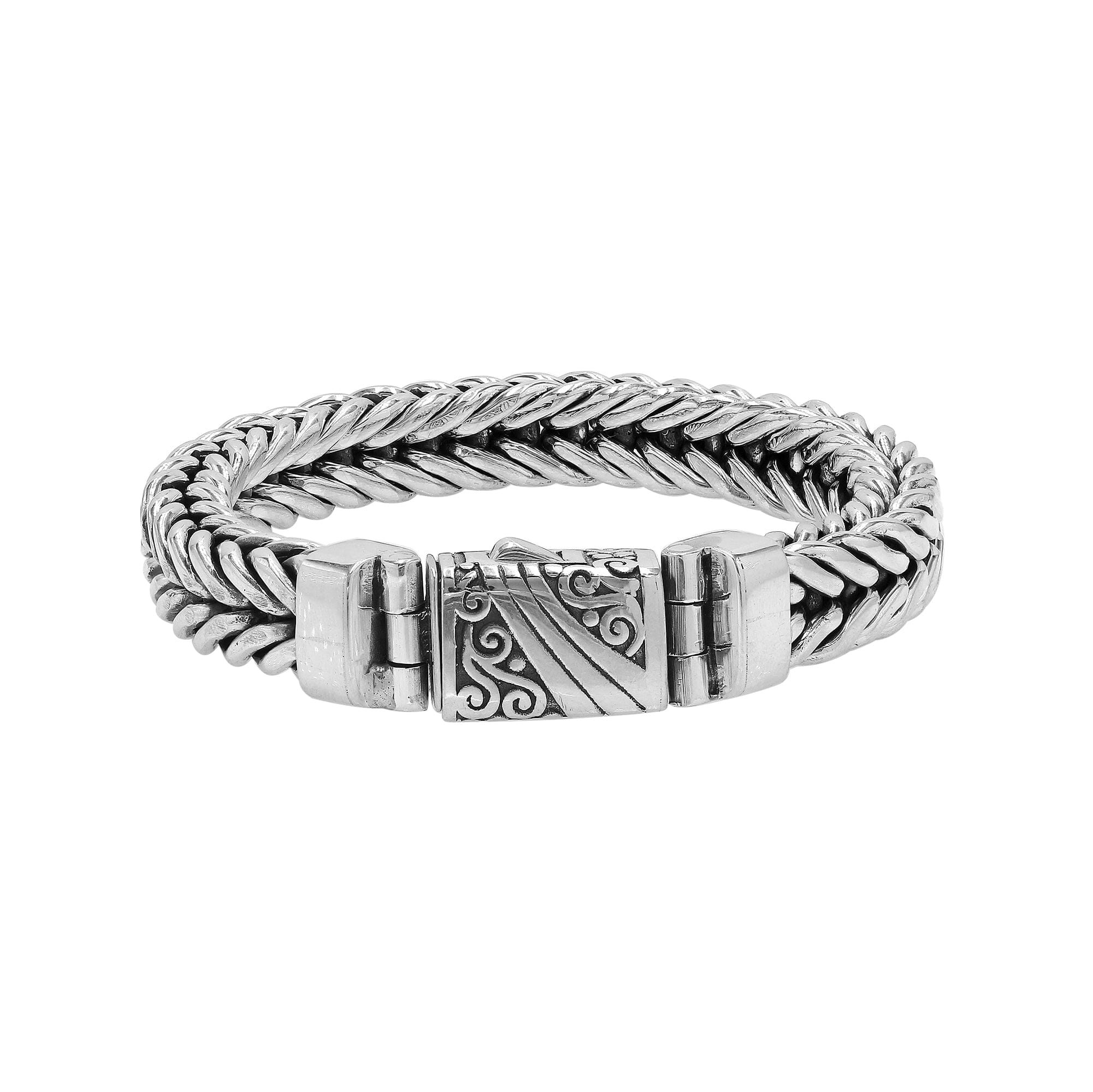 Silver Woven Chain Bracelet With Engraved Push Clasp In 925 Sterling Silver For Wholesale