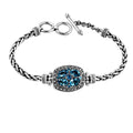 Sterling Silver bracelet featuring a cushion panel with clustered Blue Topaz Quartz stones, braided chain links, and a secure toggle lock designed for wholesale jewelry assortments.