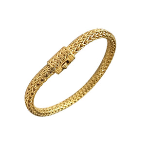 Elegant 18K gold bracelet featuring a smooth woven texture, polished surface, and a secure push clasp for refined everyday style.