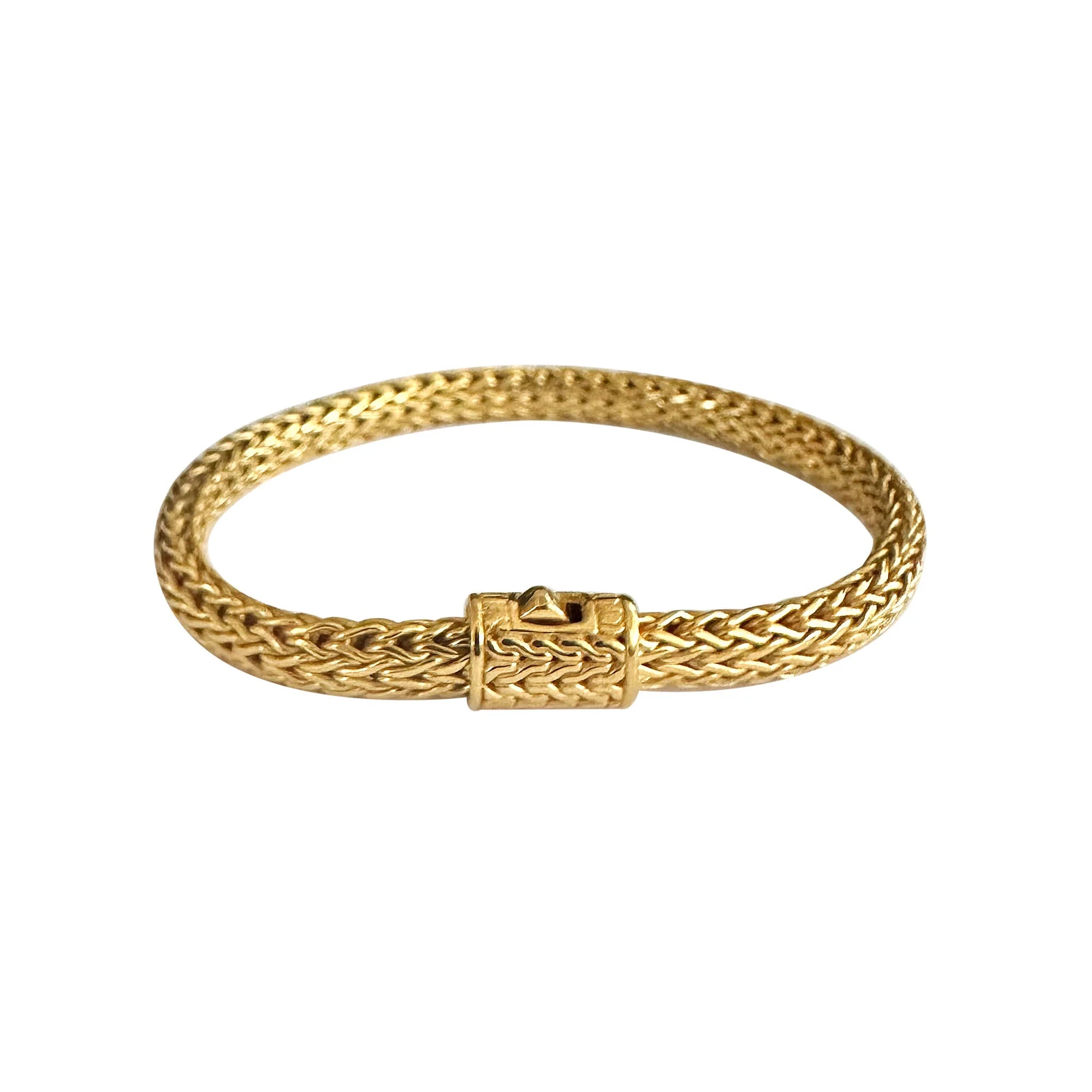 Elegant 18K gold bracelet featuring a smooth woven texture, polished surface, and a secure push clasp for refined everyday style.