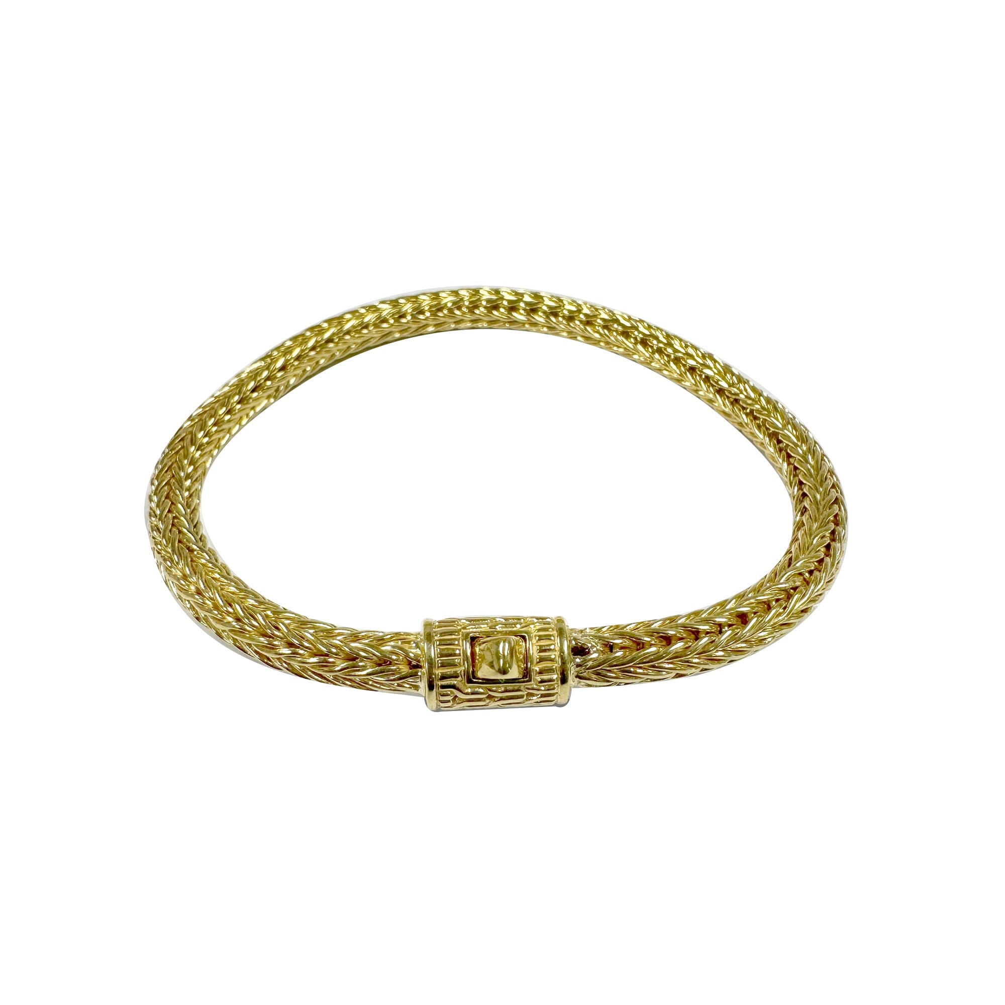 18K gold woven bracelet featuring a smooth polished surface, rounded chain pattern, and secure push clasp crafted for premium wholesale quality.