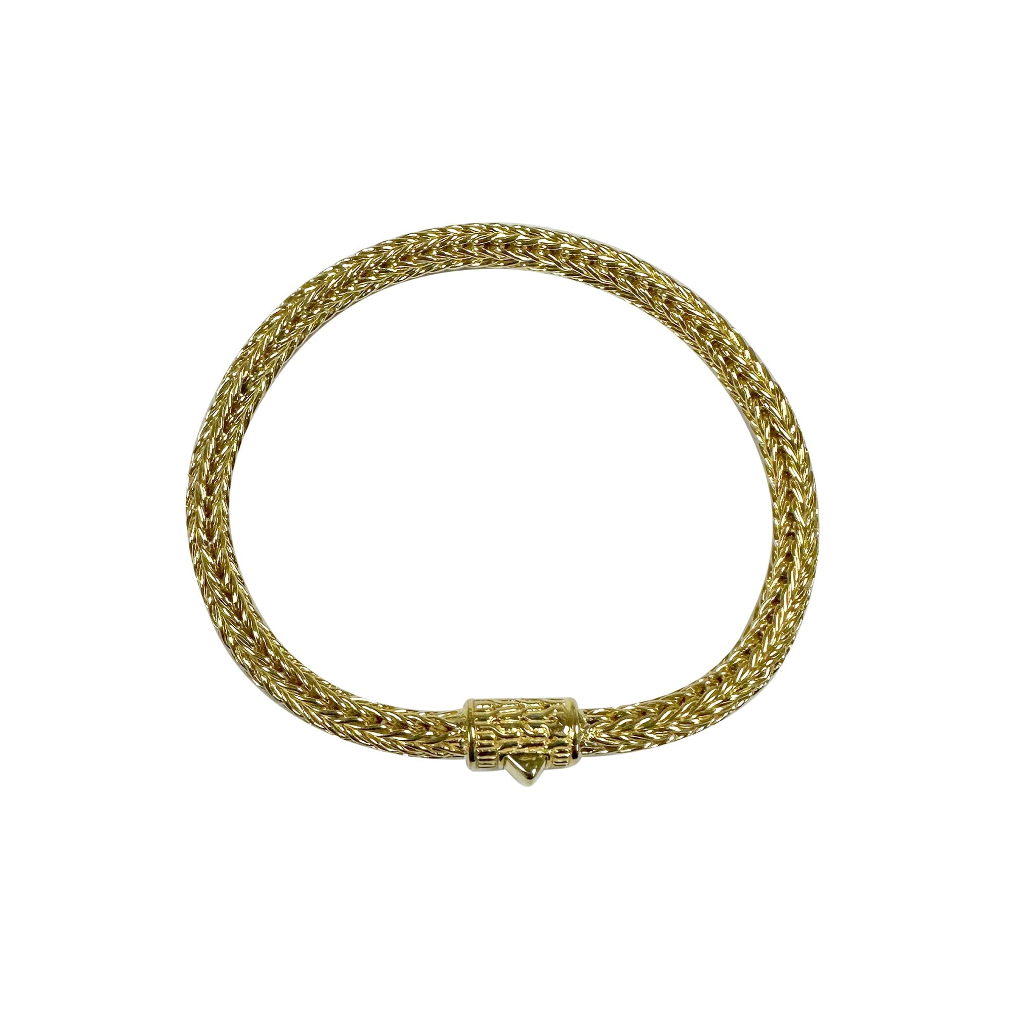 18K gold woven bracelet featuring a smooth polished surface, rounded chain pattern, and secure push clasp crafted for premium wholesale quality.