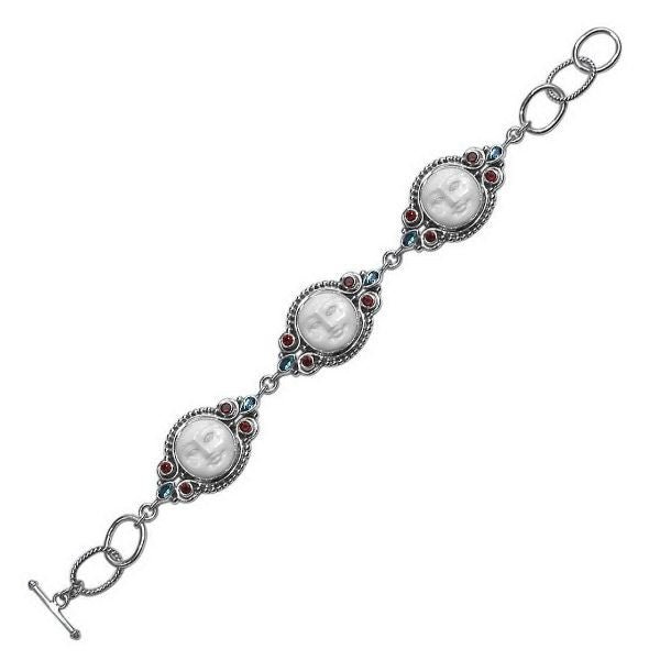 AB-6095-CO1 Sterling Silver Bracelet With Bone Face, Garnet Q. & Blue Topaz Q. Jewelry Bali Designs Inc 