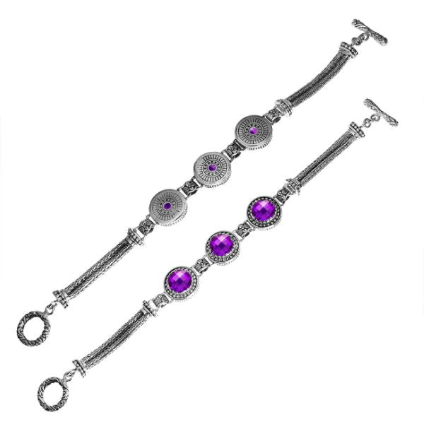 Handcrafted sterling silver bracelet featuring faceted Amethyst Quartz and multi-link circular motifs with a braided chain and toggle lock.