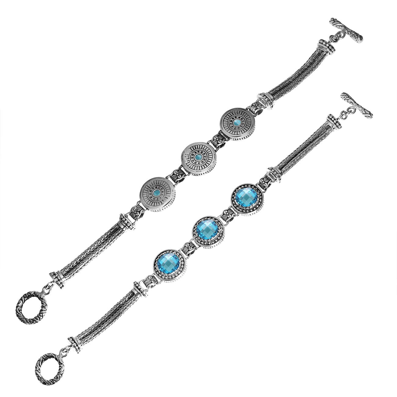 Handcrafted sterling silver bracelet with faceted Blue Topaz Quartz, circular artisan motifs, braided chain detailing, and a toggle lock.