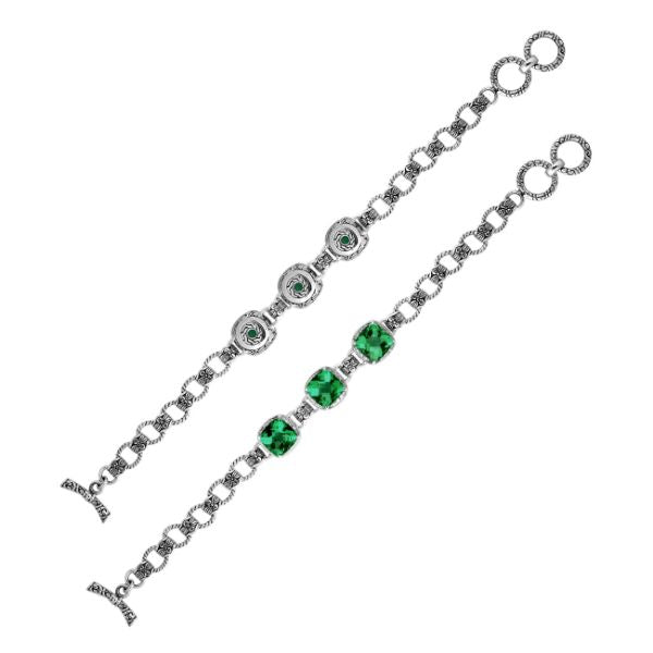 Wholesale sterling silver bracelet featuring three striking cushion Green Quartz stones framed in ornate Balinese silverwork with textured chain details and a secure toggle lock.