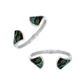 Wholesale sterling silver cuff bangle featuring sculpted ends with polished Abalone Shell inlays, a modern open-end silhouette, and a smooth hinge lock for catalog display.
