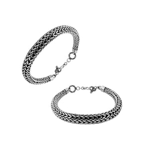 Wholesale sterling silver bracelet with thick woven Balinese chain design, oxidized detailing, polished ends, and a secure toggle lock ideal for catalog and bulk orders.