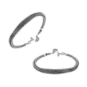 Wholesale sterling silver bracelet with a 6MM round woven Balinese chain, detailed oxidized texture, polished highlights, and a secure toggle lock ideal for catalogs and bulk orders.