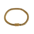 Wholesale 18K gold bracelet featuring a polished 5MM woven Balinese chain with intricate braiding and a secure push clasp ideal for luxury catalog placement.