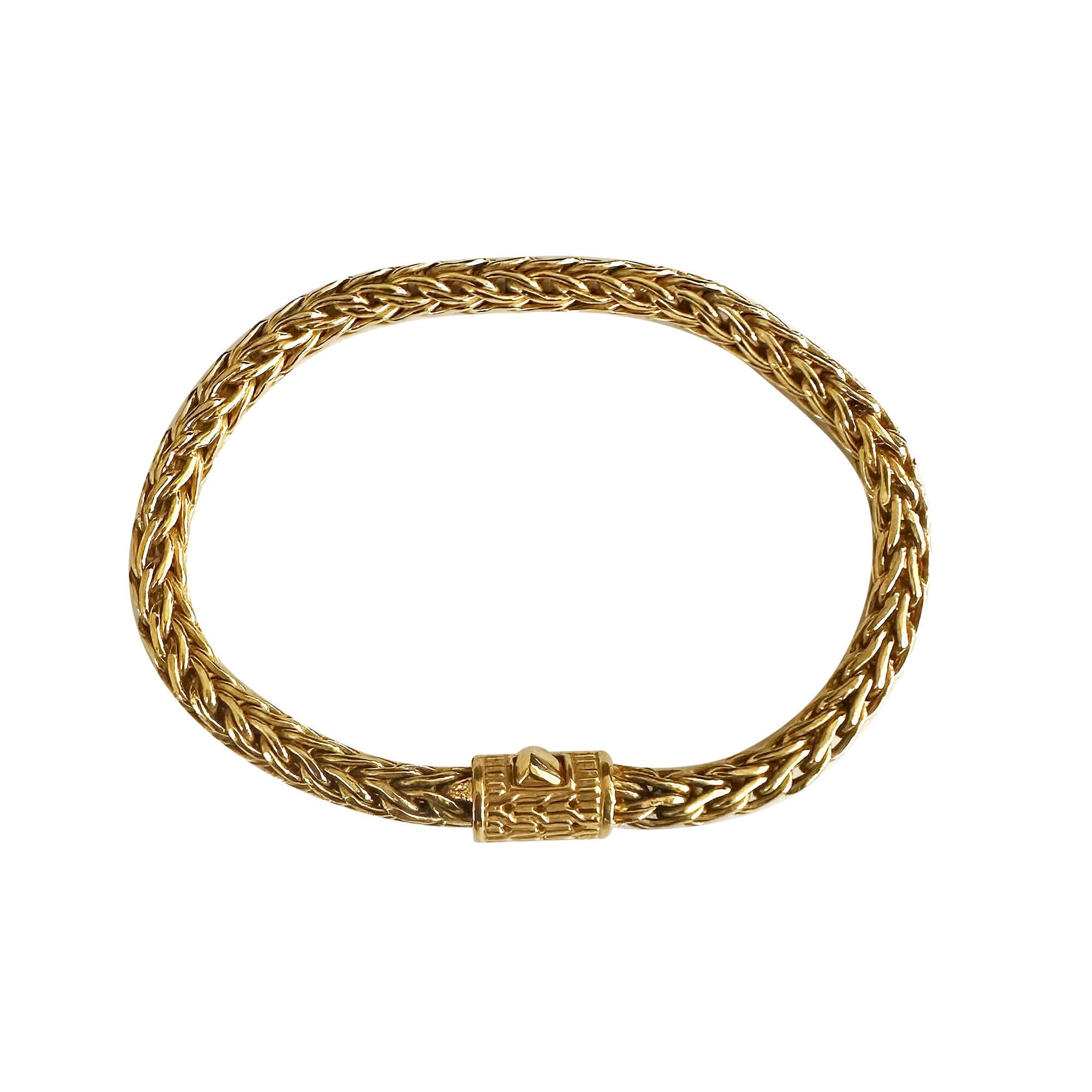 Wholesale 18K gold bracelet featuring a polished 5MM woven Balinese chain with intricate braiding and a secure push clasp ideal for luxury catalog placement.