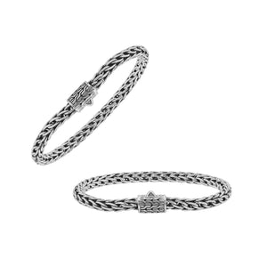 Wholesale sterling silver bracelet with a polished 5MM woven Balinese chain and a secure push clasp designed for durable and premium catalog presentation.