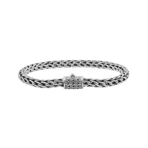Wholesale sterling silver bracelet with a polished 5MM woven Balinese chain and a secure push clasp designed for durable and premium catalog presentation.