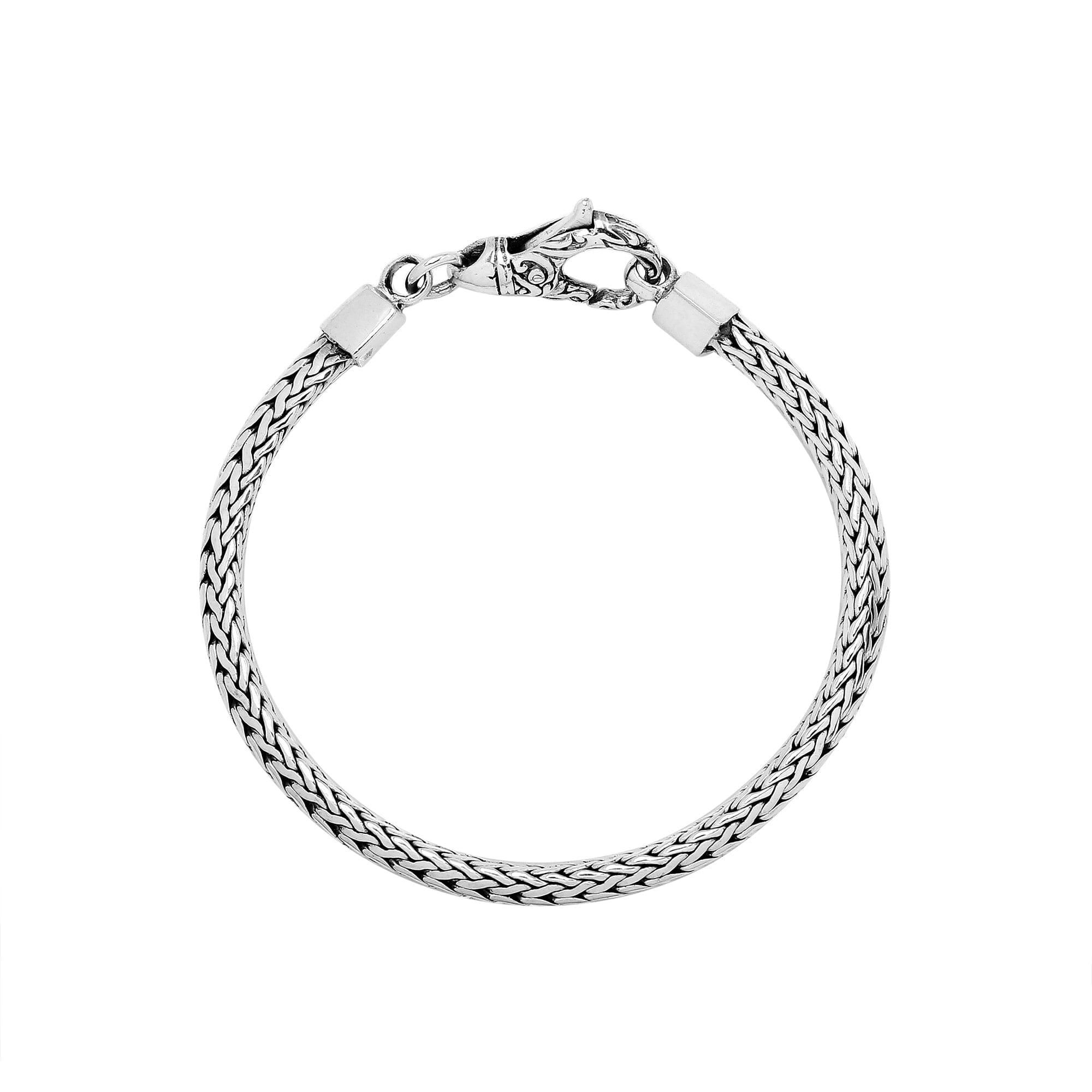 Wholesale sterling silver bracelet featuring a sleek 5MM Balinese woven chain with polished and oxidized details secured by a durable lobster clasp.